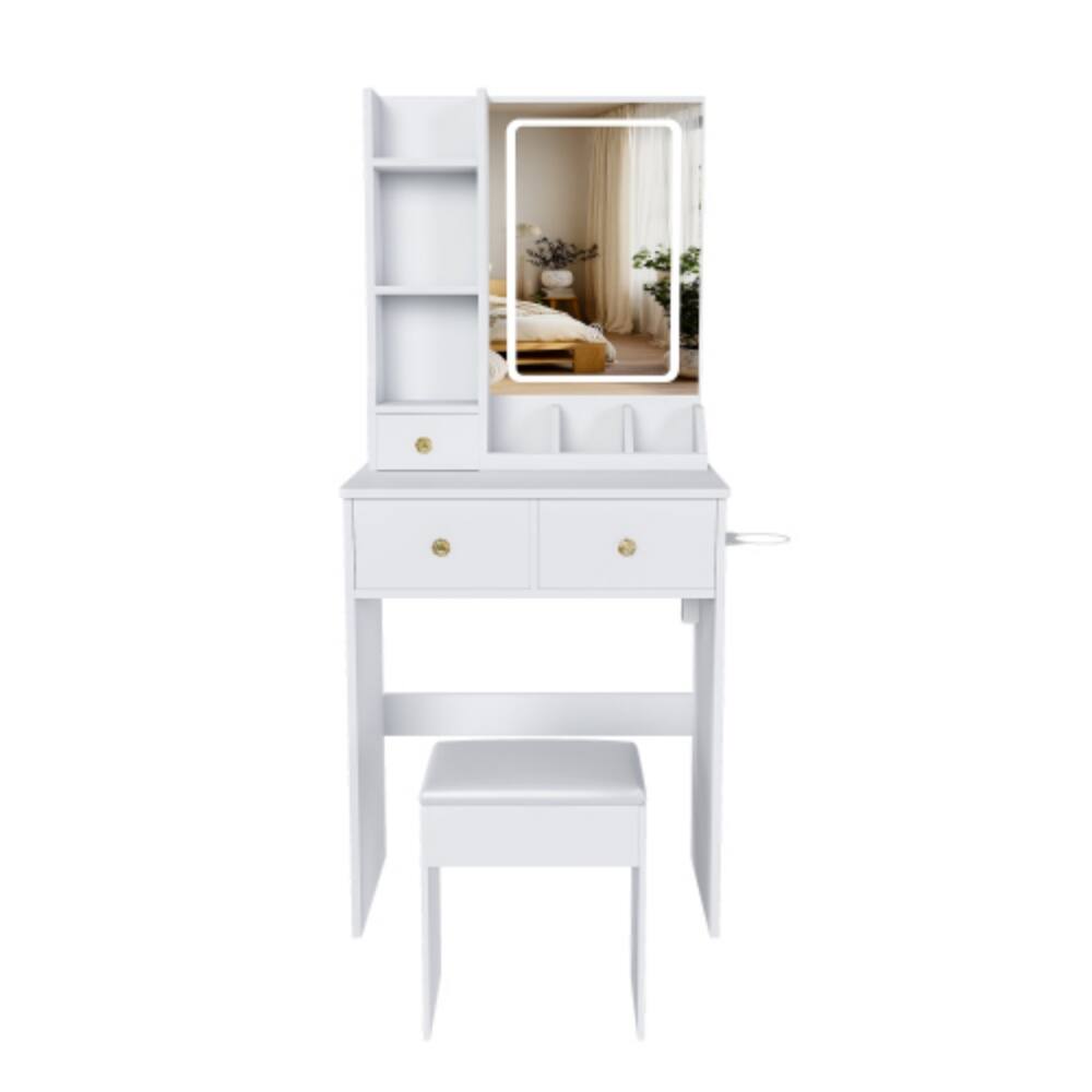 Alt View 4. LUCKY ONE - Small Vanity Desk with 3-Mode LED Mirror, 3 Drawers, Open Shelves, Power Socket and Chair - White.