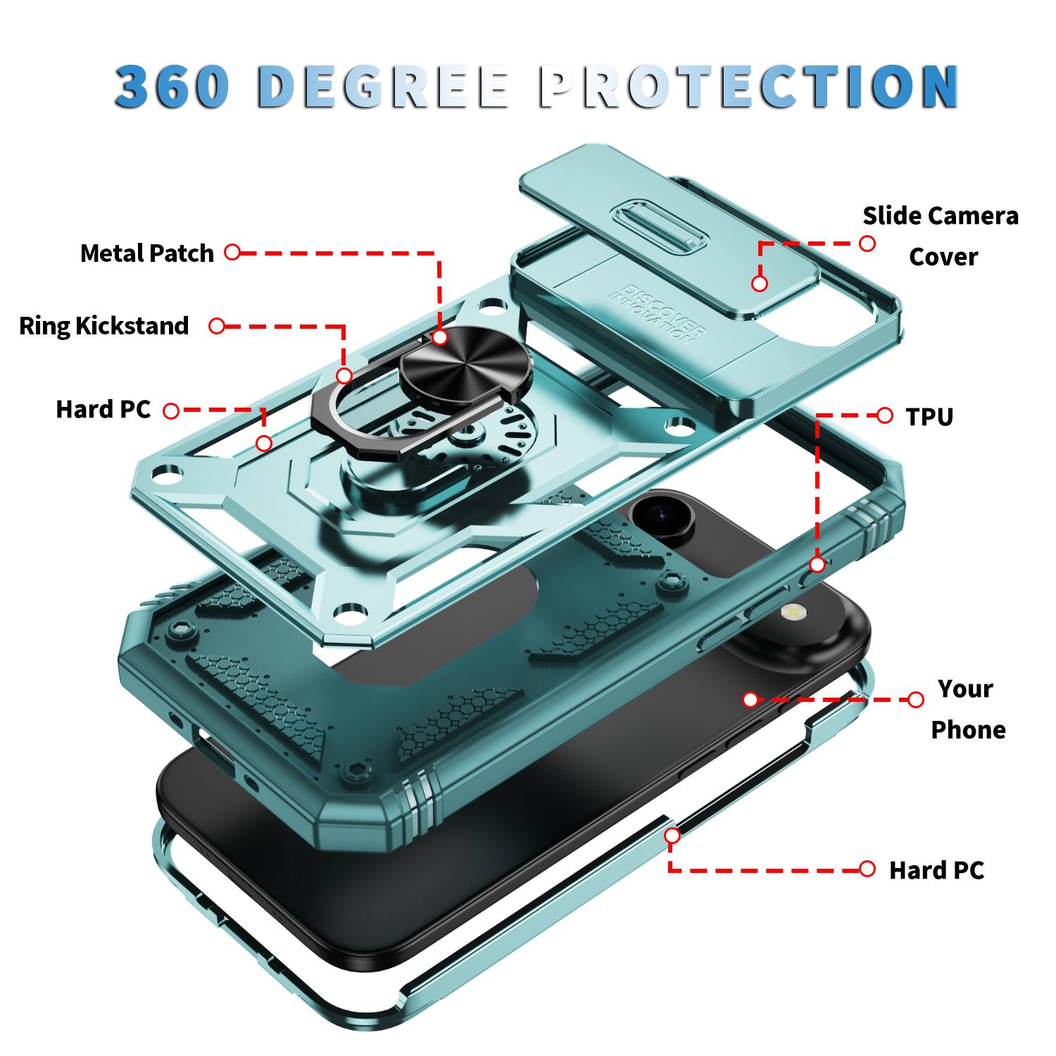 360 Degree Protection Metal Patch Ring Kickstand E Slide Camera Cover Hard PC TPU Your Phone