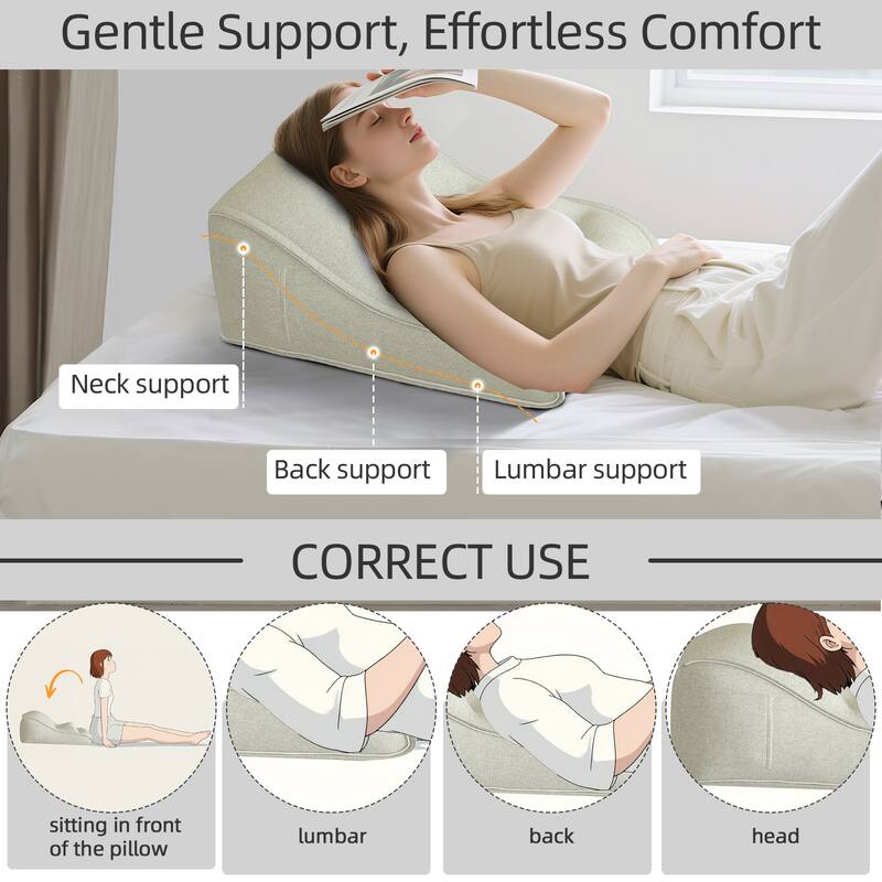 Gentle Support, Effortless Comfort

- Neck support
- Back support
- Lumbar support

CORRECT USE

- sitting in front of the pillow
- lumbar
- back
- head