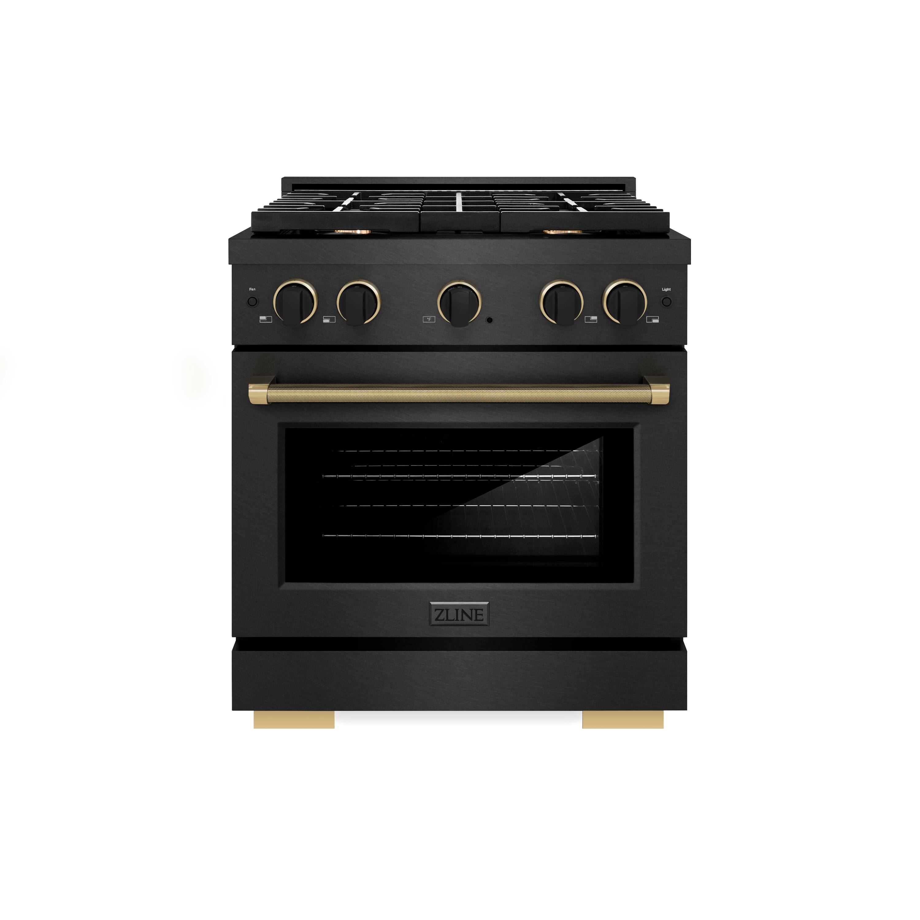 Front. ZLINE - 30 in. Wide 4 Burner Designer 4.2 cu. ft. Freestanding Paramount Dual Fuel Range with with Black and Bronze Accents - Black Satin Stainless Steel.