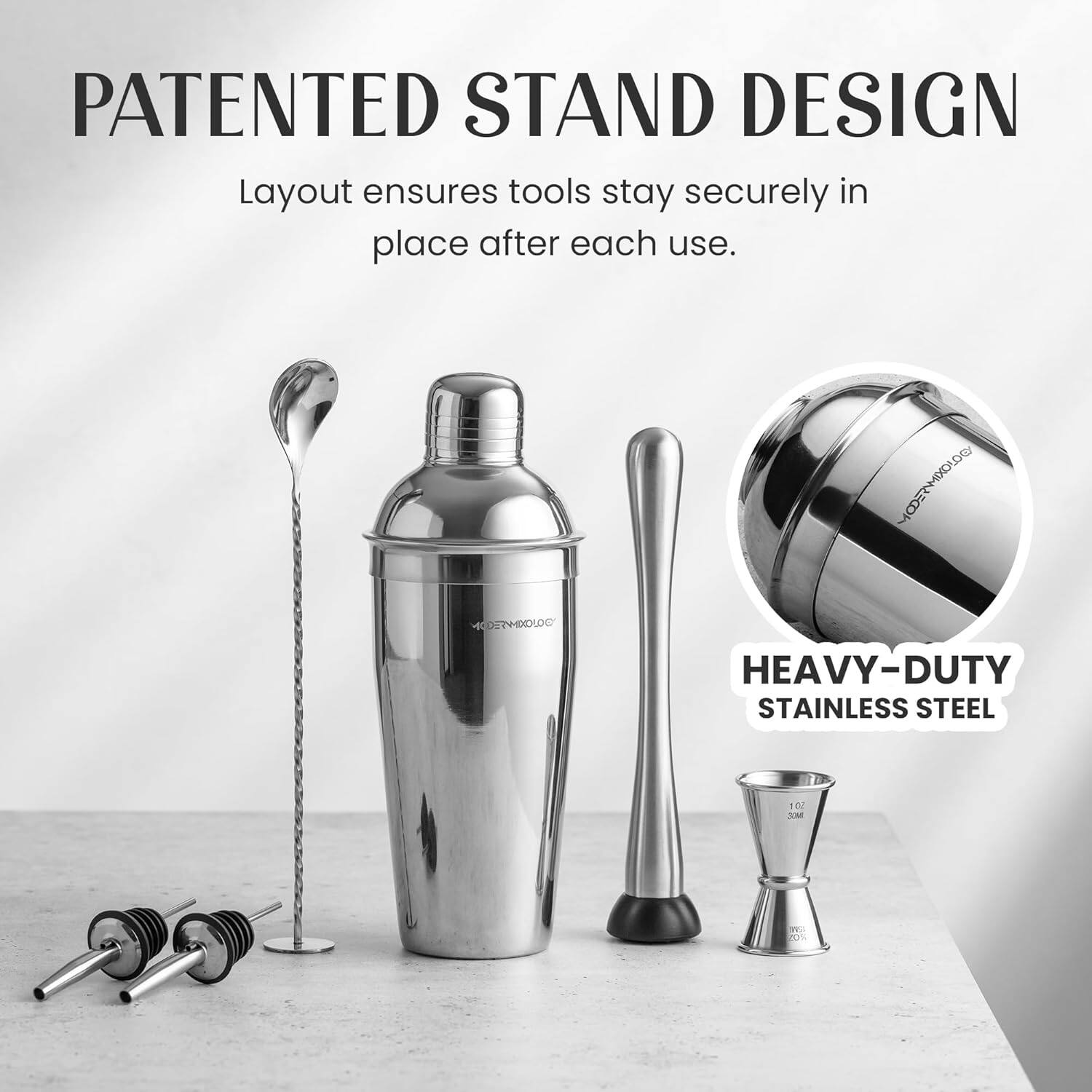 PATENTED STAND DESIGN  
Layout ensures tools stay securely in place after each use.  

HEAVY-DUTY STAINLESS STEEL
