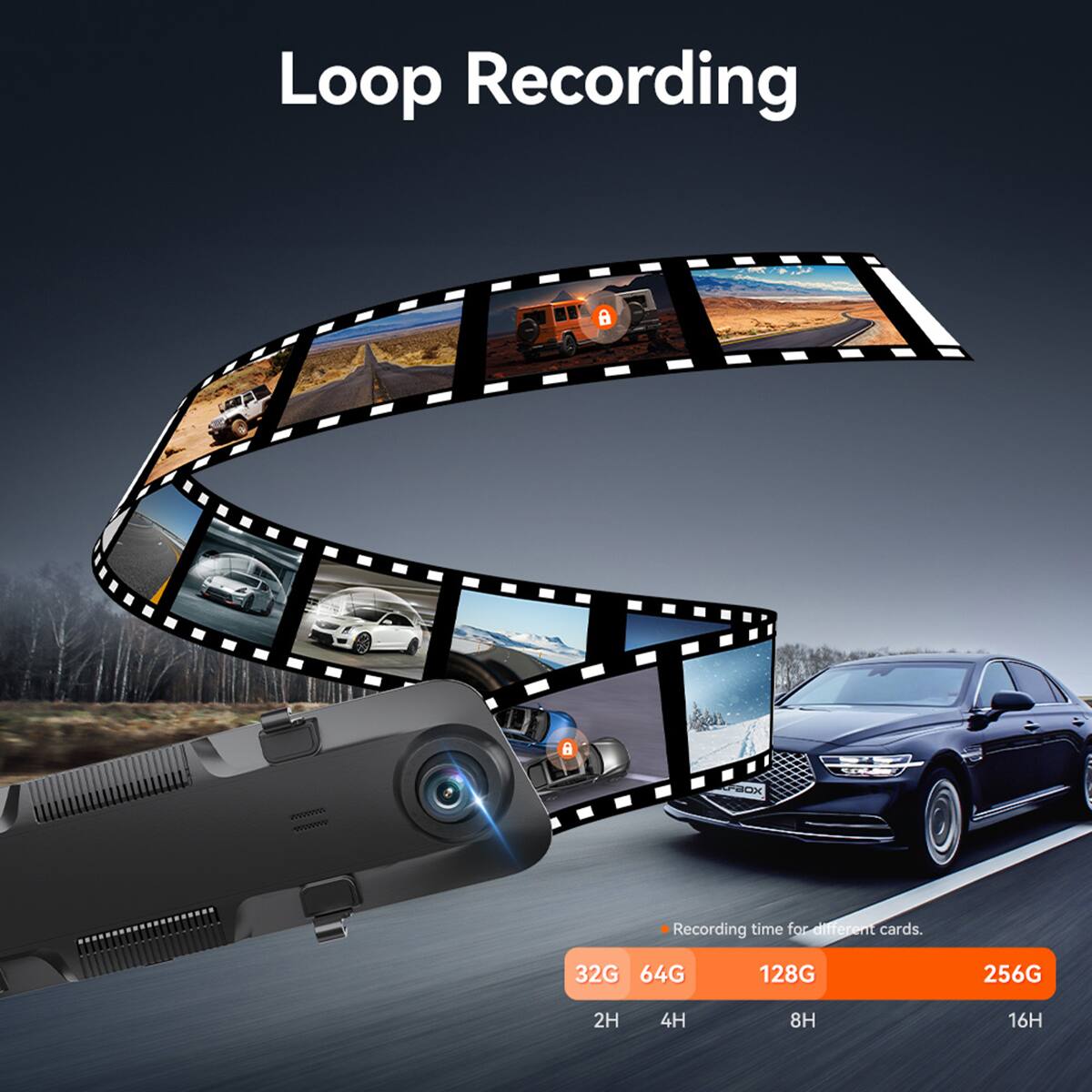 Loop Recording

Recording time for different cards.

32G 2H  
64G 4H  
128G 8H  
256G 16H