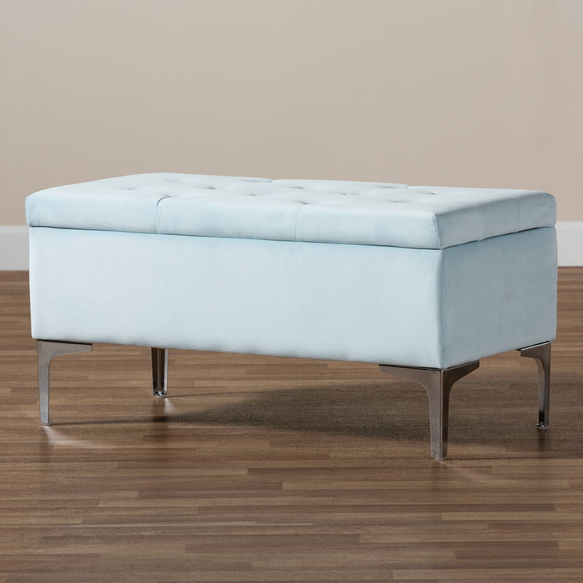 Alt View 6. Baxton Studio - Mabel Modern and Contemporary Transitional Velvet Fabric Upholstered Silver Finished Storage Ottoman - Light Blue/Silver.