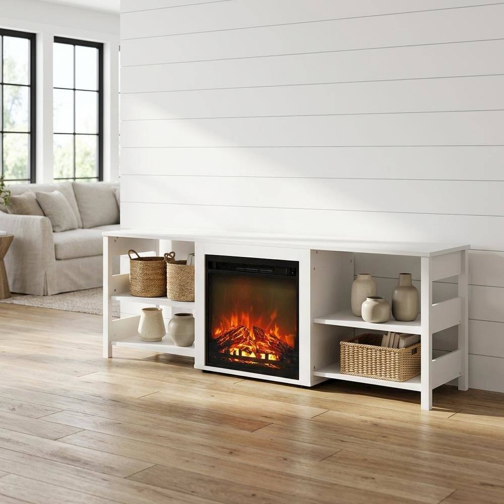 Alt View 1. FurniFact - White Emboss TV Stand with Fireplace and Wooden Finish - White.