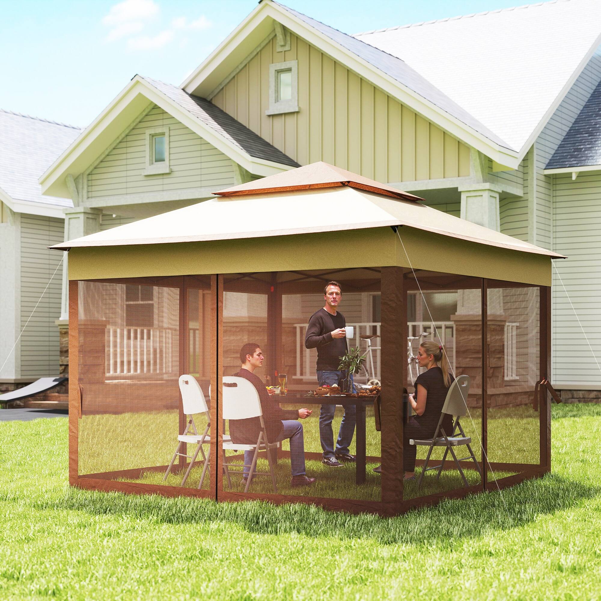 Alt View 6. Outsunny - Outdoor Patio Pop Up Canopy Gazebo Shelter with Zipper Netting, Carry Bag - Khaki.