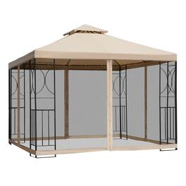 Outsunny - 10' x 10' Patio Gazebo with Corner Shelves, Outdoor Gazebo Canopy Shelter with Netting, and Vented Roof - Mixed-brown