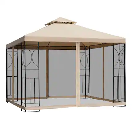 Front. Outsunny - 10' x 10' Patio Gazebo with Corner Shelves, Outdoor Gazebo Canopy Shelter with Netting, and Vented Roof - Mixed-brown.