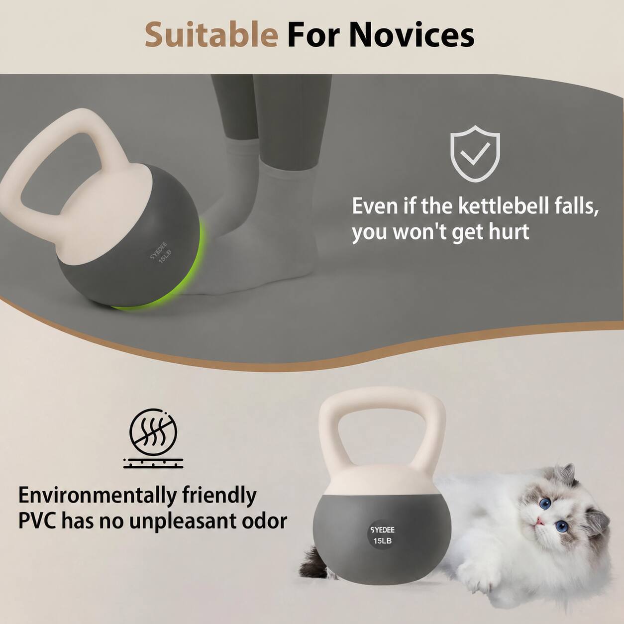Suitable For Novices

SYEDEE 15LB

Even if the kettlebell falls, you won't get hurt

Environmentally friendly PVC has no unpleasant odor