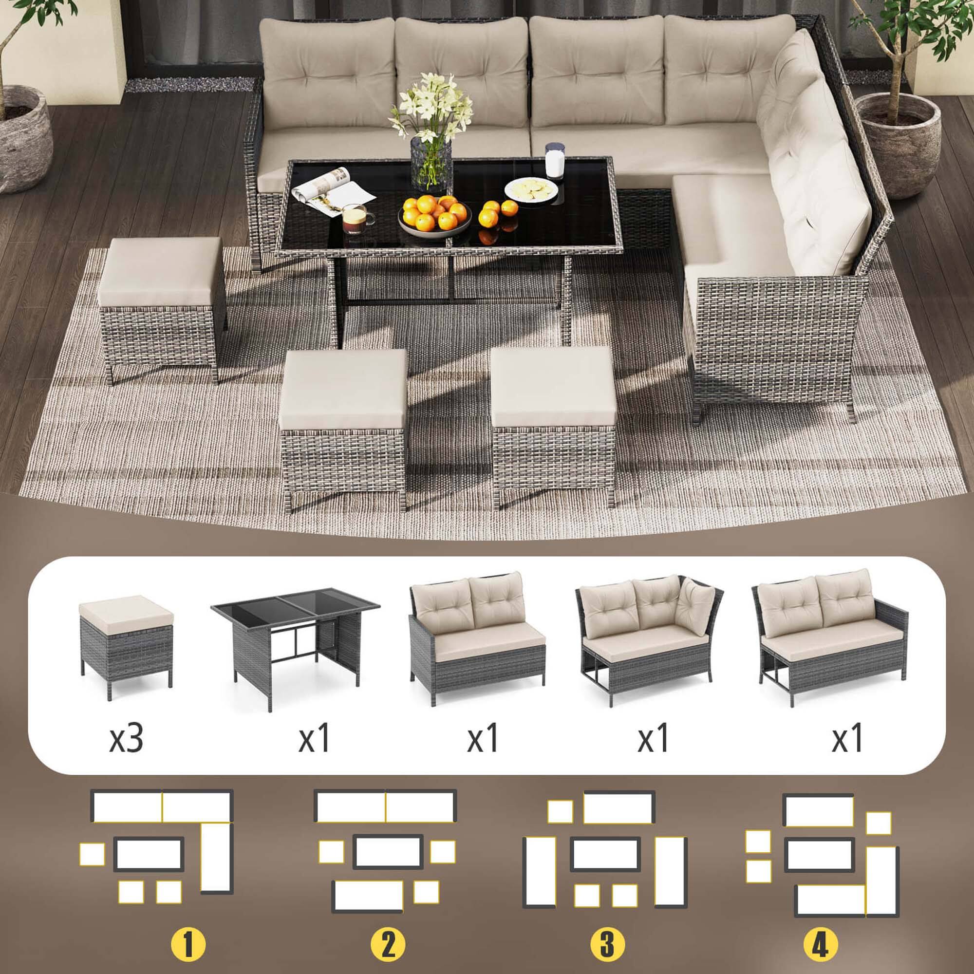 Alt View 8. Costway - 7 PCS Patio Dining Furniture Set PE Rattan Sectional Sofa Set with Soft Cushions - Mix Gray,Off White.