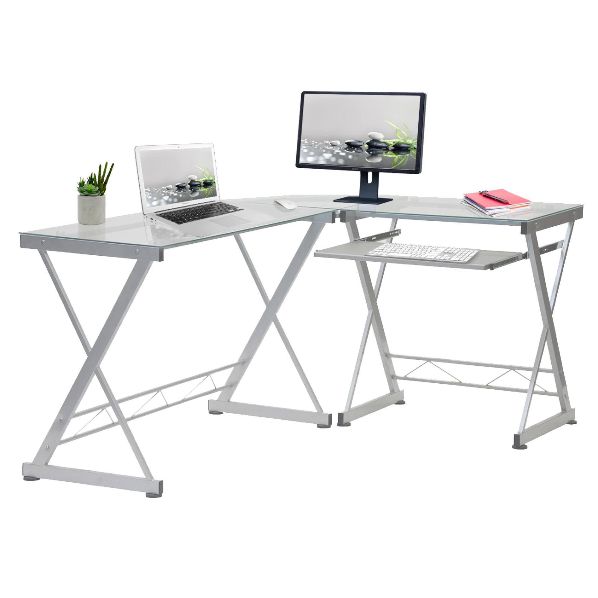 Angle. GOODSILO - L-Shaped Tempered Glass Computer Desk with Pull-Out Keyboard Panel and Reversible Design - White.