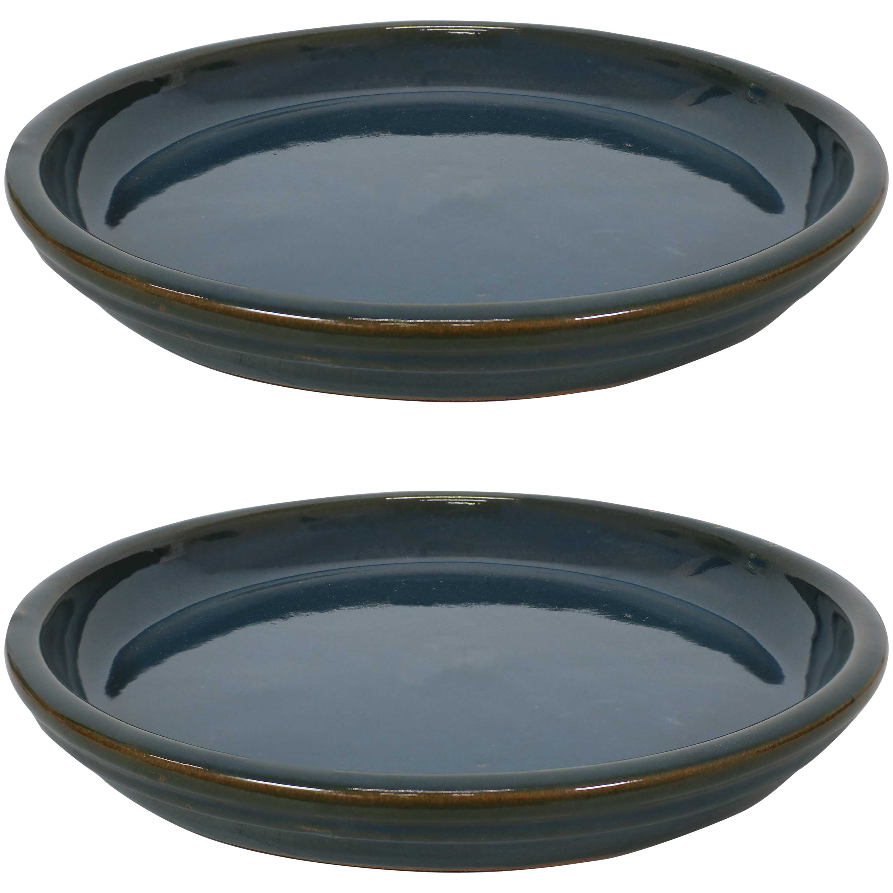 Front. Sunnydaze - 12 in Ceramic Flower Pot/Plant Saucer - Set of 2 - Forest Lake Green.
