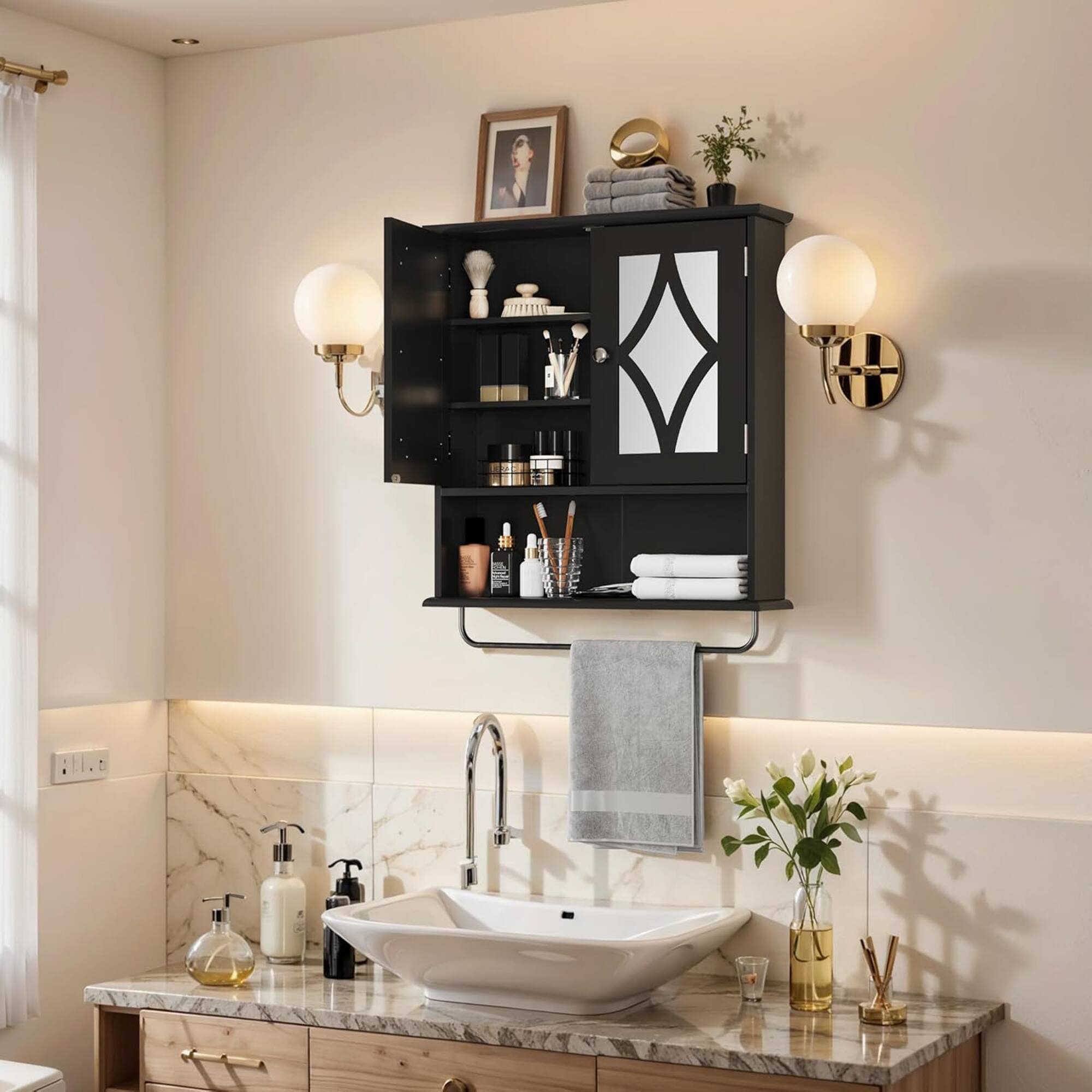 Alt View 5. RoyalCraft - RoyalCraft Bathroom Wall Wood Medicine Cabinet with Mirror and Towel Bar, Black - Black.