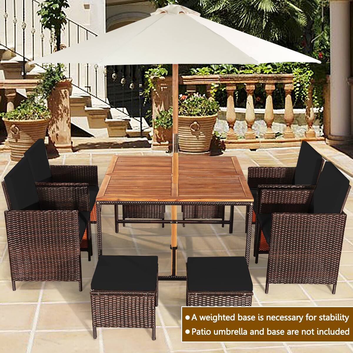 A weighted base is necessary for stability. Patio umbrella and base are not included.