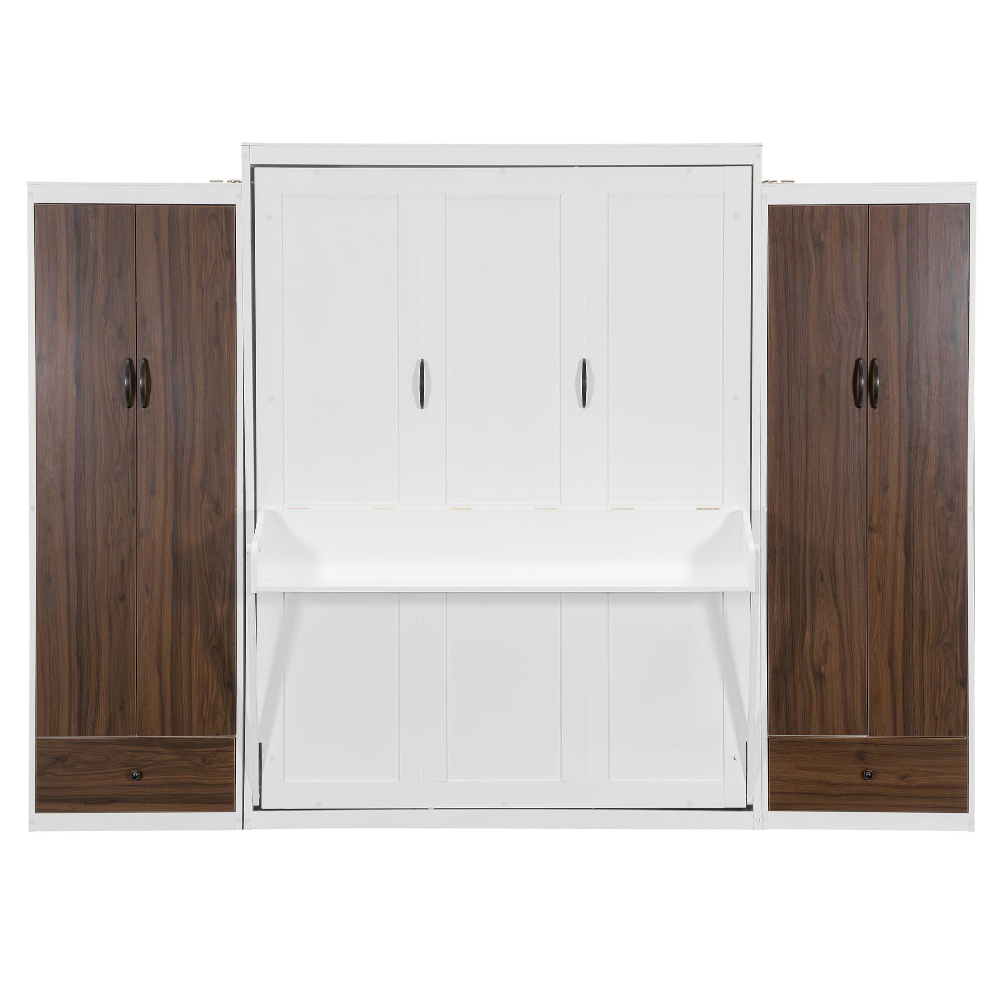 Back. Tiramisubest - Queen Size Murphy Bed with Closet, Drawers, Table, White - Space-Saving, Multi-Functional, Built-In Desk & Storage - White.