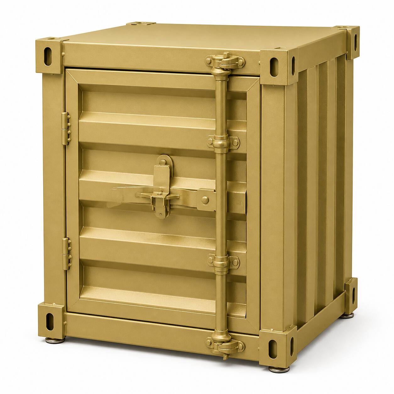 Angle. VIVZONE - Modern Industrial Gold Metal Shipping Container Side Table with Lockable Shelf - Gold.
