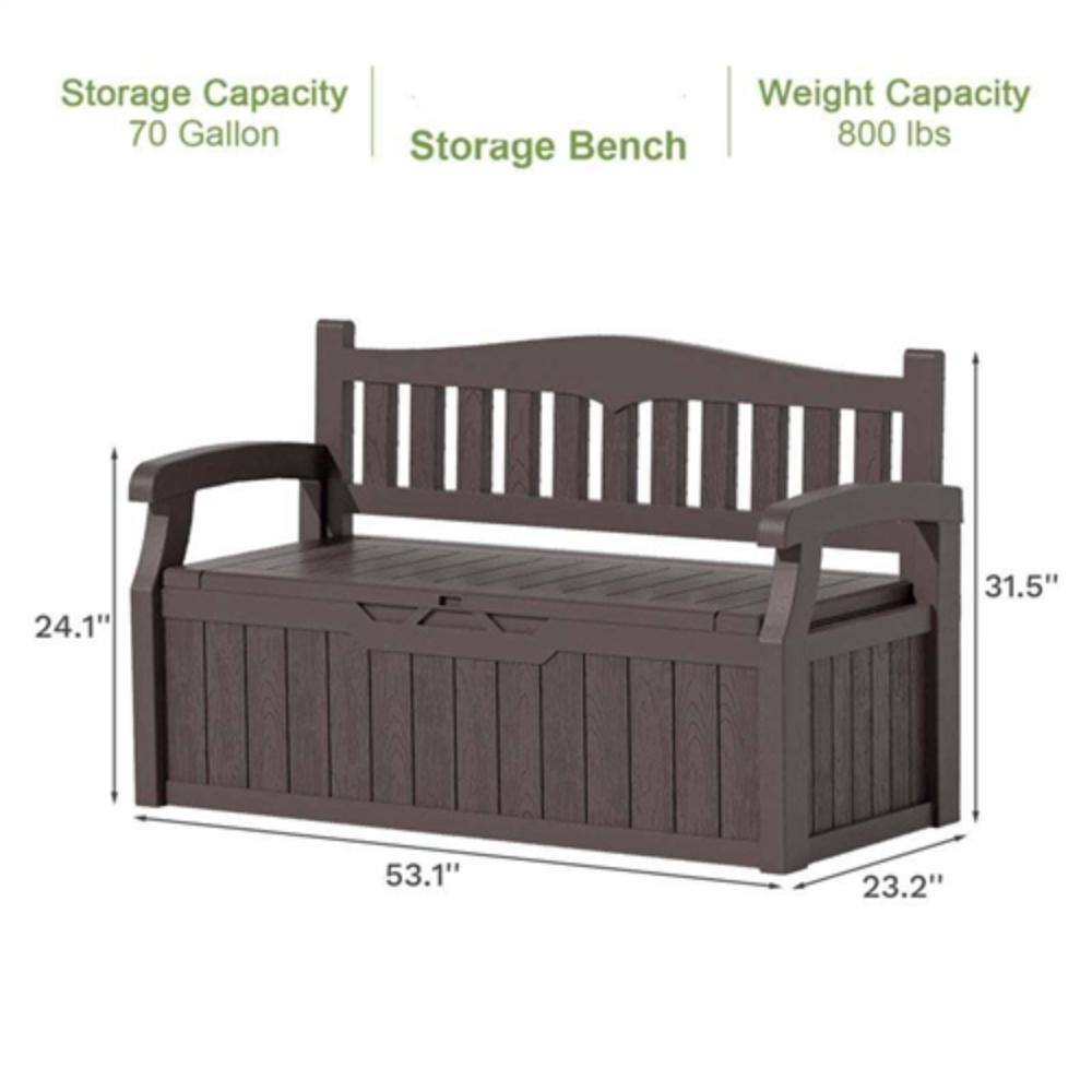 Storage Capacity: 70 Gallon  
Storage Bench  
Weight Capacity: 800 lbs  

Dimensions:  
- Length: 53.1"  
- Width: 24.1"  
- Height: 31.5"  
- Depth: 23.2"