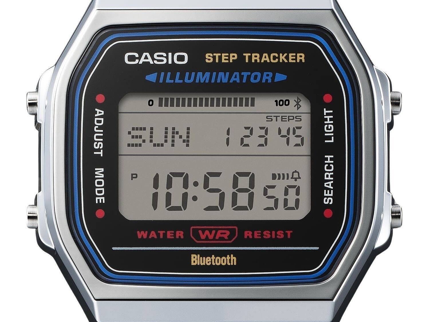 CASIO STEP TRACKER ILLUMINATOR

ADJUST MODE
LIGHT
SEARCH

STEPS 100 12345

WATER WR RESIST
Bluetooth

10:58 50