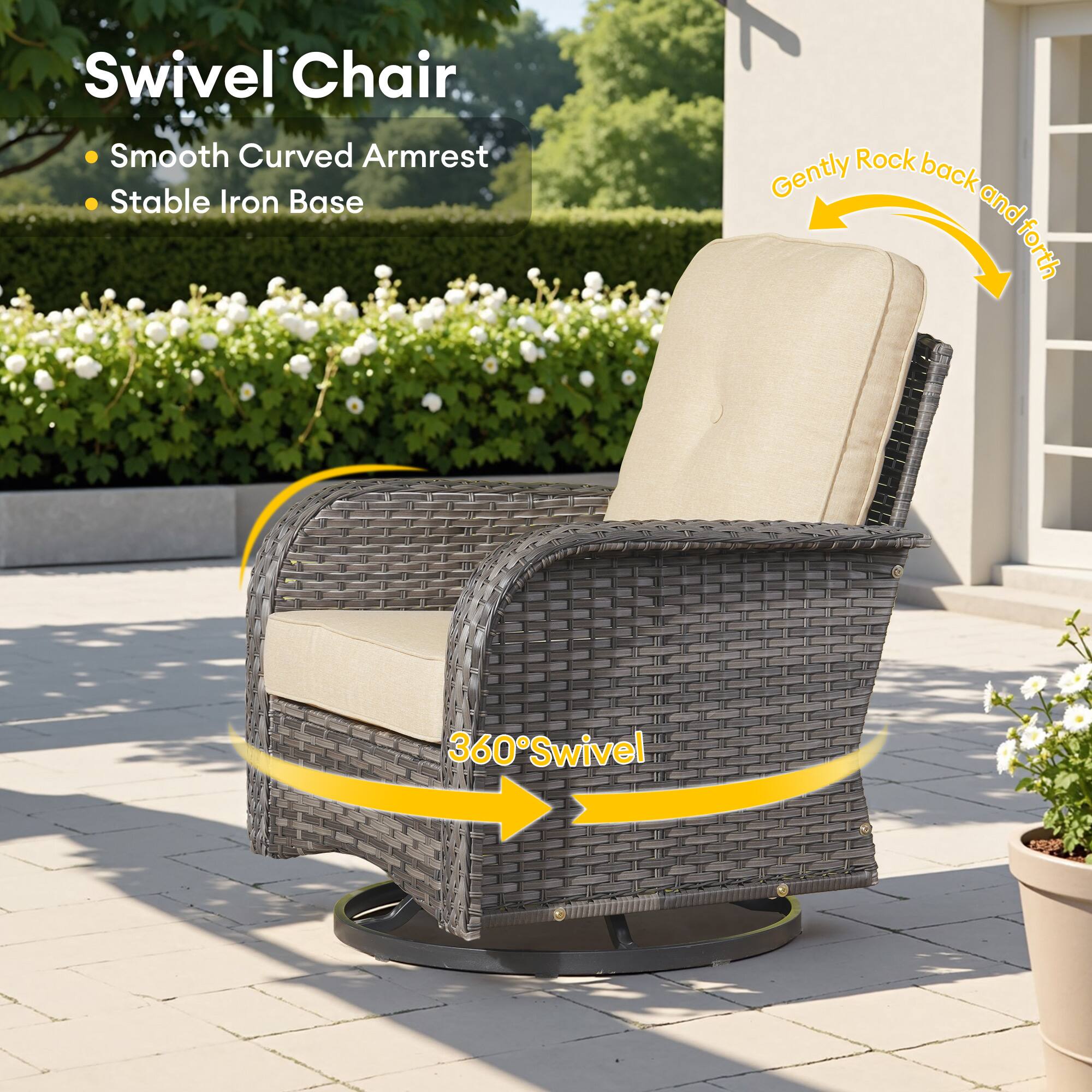 Swivel Chair  
- Smooth Curved Armrest  
- Stable Iron Base  

Gently Rock back and forth  
360° Swivel