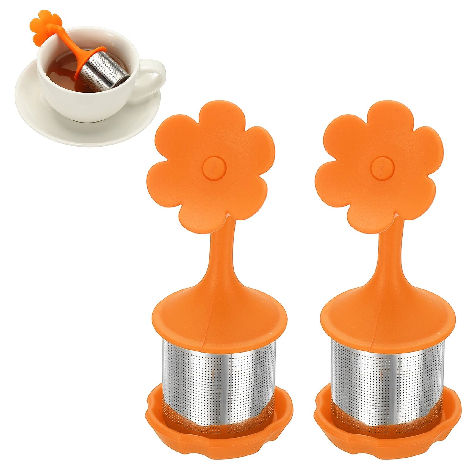 Front. Unique Bargains - 2pcs Flower Tea Infuser, Stainless Steel Loose-Leaf Steeper w/ Silicone Handle, Reusable Thin Mesh for Teacups & Teapots - Orange.