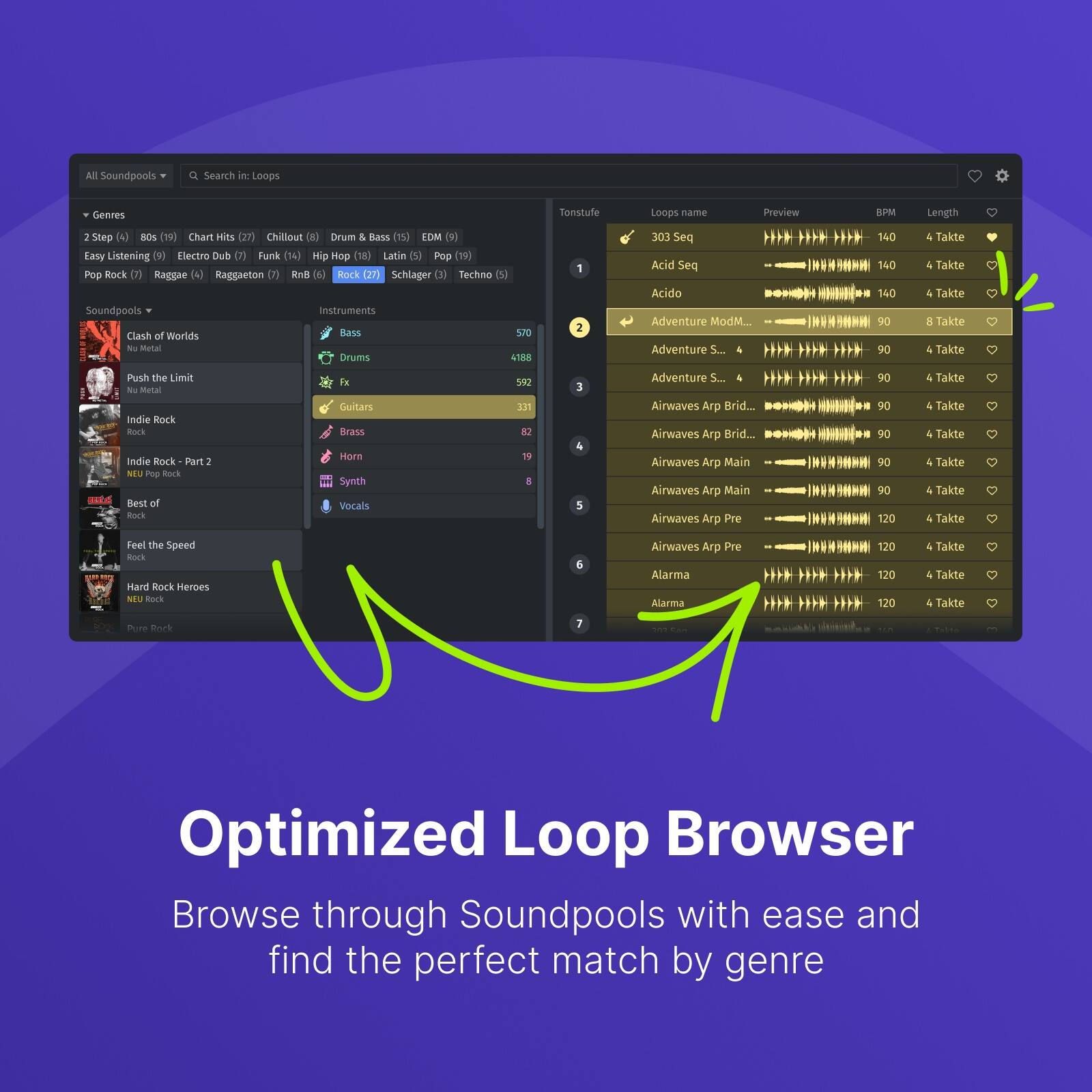 Sure, here is the corrected and grouped text:

---

**AL Soundpools**

**Q Search in Loops**

**Genres**

- 80s (4)
- 80s Hits (19)
- Chillout (8)
- Drum & Bass (15)
- EDM (9)
- Easy Listening (9)
- Electro Dub (7)
- Funk (14)
- Hip Hop (18)
- Latin (5)
- Pop (19)
- Pop Rock (27)
- Raggaeton (4)
- R&B (6)
- Rock (27)
- Schlager (3)
- Techno (5)

**Soundpools**

- Clash of Worlds
- Nu Metal
- Push the Limit
- Rock is the Speed
- Indie Rock
- Indie Rock - Part 2
- Best of Rock
- Feel the Speed
- Hard Rock Heroes
- Pure Rock

**Instruments**

- Drums (570)
- FX (592)
- Guitars (331)
- Horn (82)
- Synth (19)
- Vocals (8)

**Tonstufe**

- 303 Seq (140