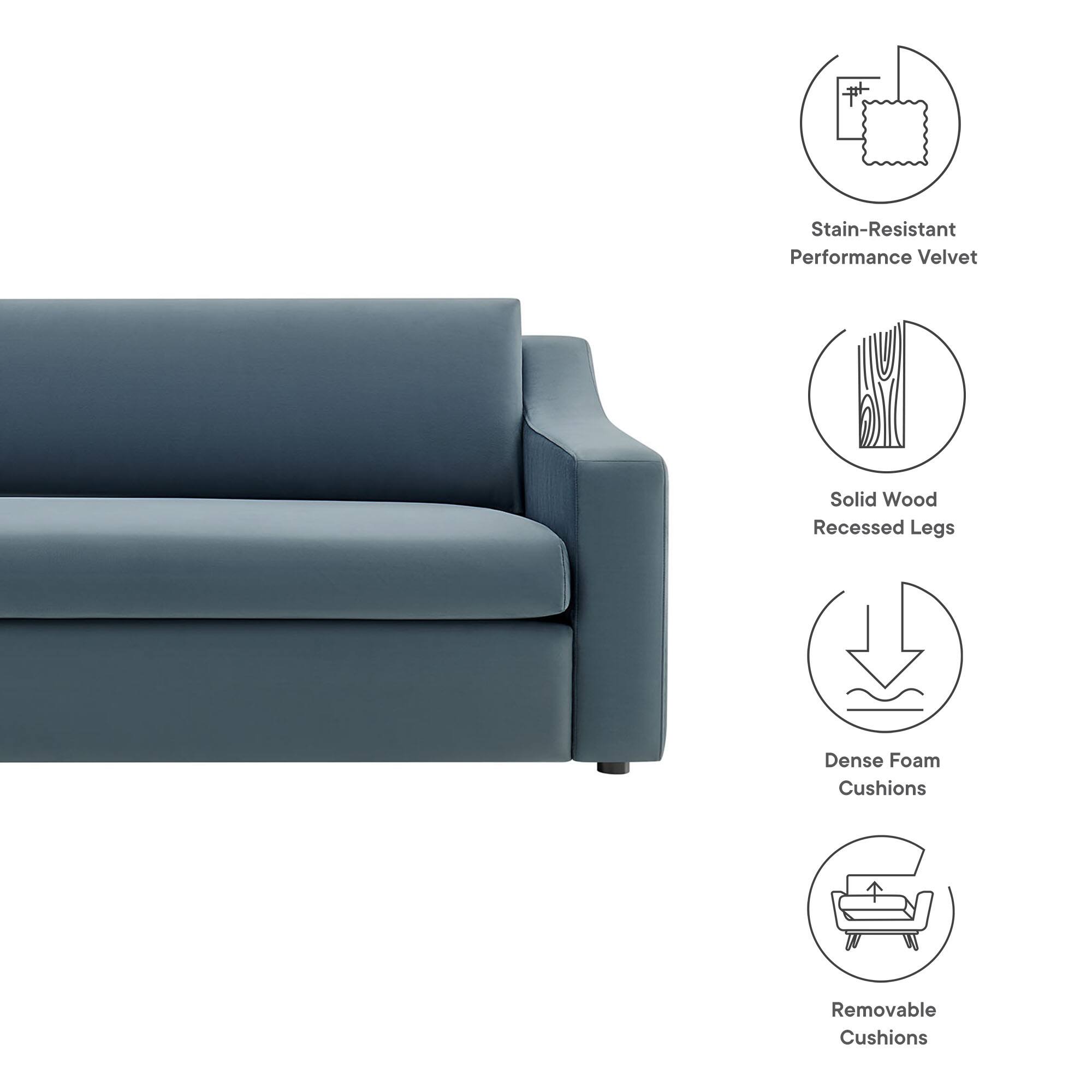- Stain-Resistant Performance Velvet
- Solid Wood Recessed Legs
- Dense Foam Cushions
- Removable Cushions
