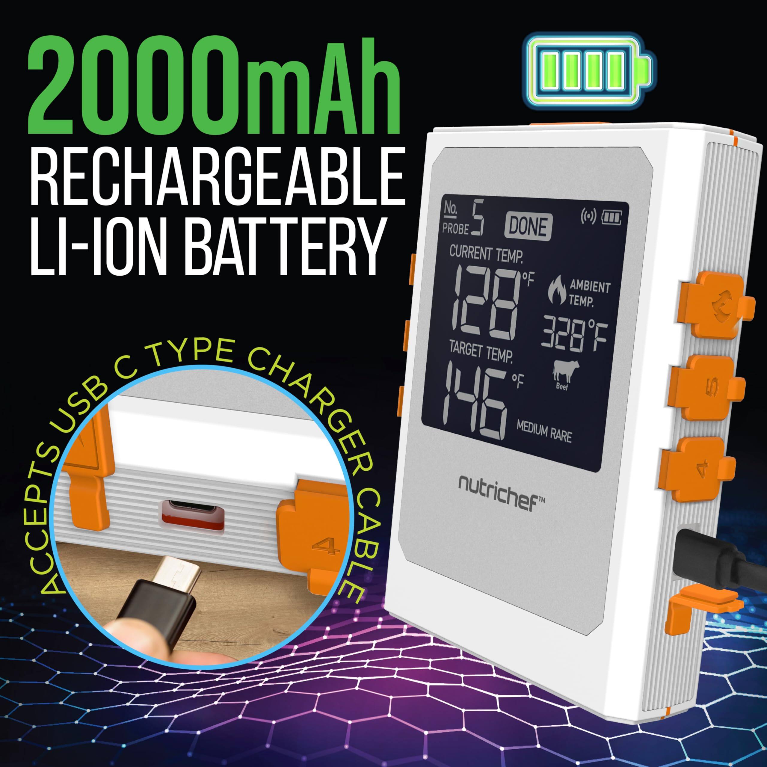 2000mAh Rechargeable Li-Ion Battery

No. 5 Probe

Current Temp. 128°F

Ambient Temp. 328°F

Target Temp. 146°F

Medium Rare

Beef

Done

Accepts USB C Type Charger Cable