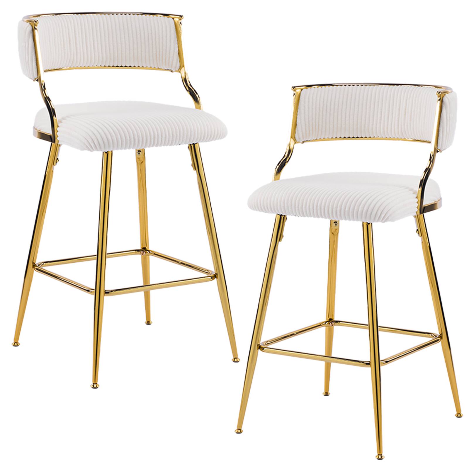 SlickBlue - 2-Piece Modern Bar Stool Set with Soft Corduroy Seat and Gold Metal Legs - White