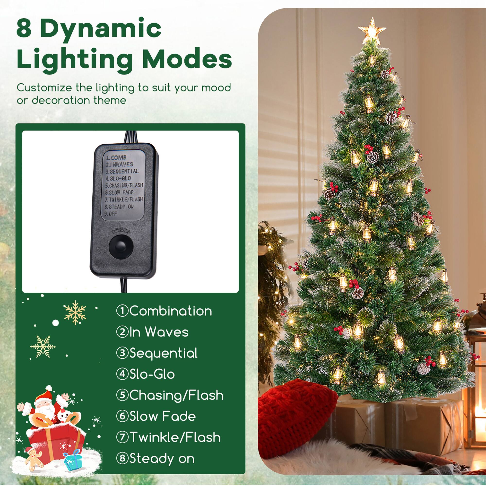 8 Dynamic Lighting Modes

Customize the lighting to suit your mood or decoration theme

1. Combination
2. In Waves
3. Sequential
4. Slo-Glo
5. Chasing/Flash
6. Slow Fade
7. Twinkle/Flash
8. Steady On