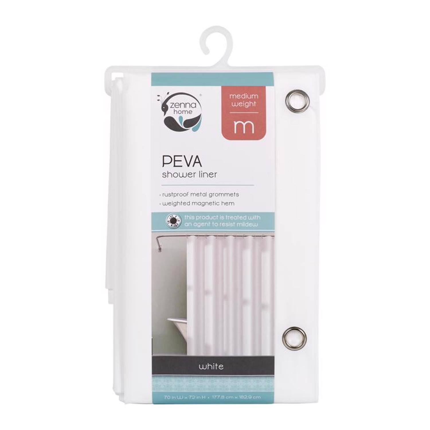 zenna home medium weight m PEVA shower liner rustproof metal grommets weighted magnetic hem this product is treated with an agent to resist mildew white 70 in x 72 in 177.8 cm x 182.9 cm