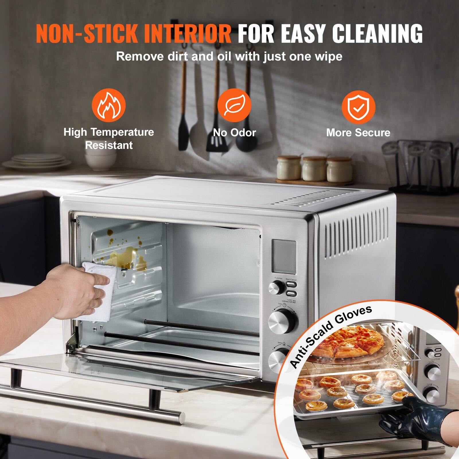 NON-STICK INTERIOR FOR EASY CLEANING  
Remove dirt and oil with just one wipe  

- High Temperature Resistant  
- No Odor  
- More Secure  

Anti-Scald Gloves
