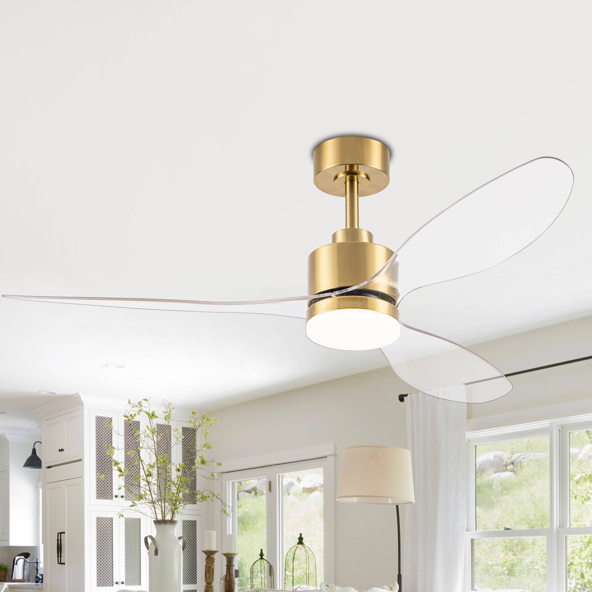 Alt View 5. Breezary - 52" Indoor Ceiling Fan, 3 ABS Blades, 6-Speed DC Motor, Remote Control, Memory/Timer, 3-Color LED Light, 5"/10" Downrods - Gold with Clear.