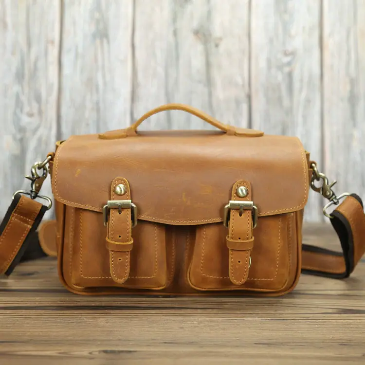 Front. Steel Horse Leather - The Faust Leather Crossbody Messenger Camera Bag - Brown.