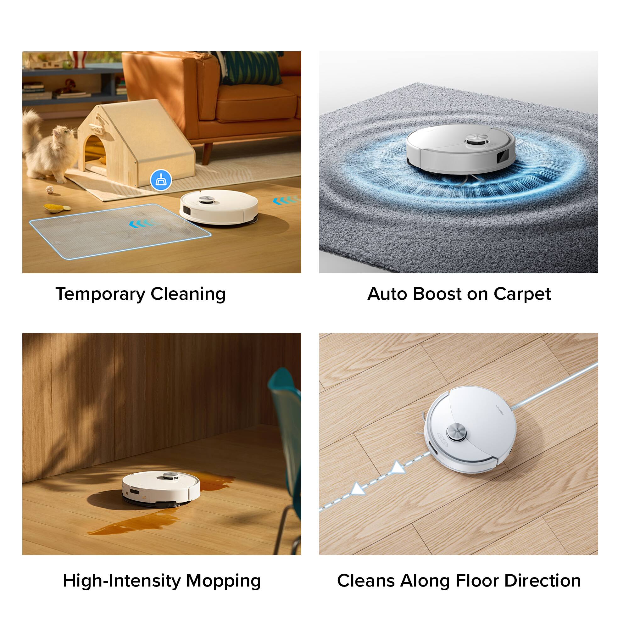 The text on the image is grouped and corrected as follows:

1. Temporary Cleaning: This feature allows the robot to clean a specific area of the floor for a limited time, which can be useful for spot cleaning or addressing a specific issue.
2. Auto Boost on Carpet: This feature automatically increases the suction power when the robot detects that it is on a carpet, providing better cleaning results on this type of surface.
3. High-Intensity Mopping: This feature allows the robot to use a more powerful mopping action, which can be helpful for deep cleaning or removing stubborn stains and dirt.
4. Cleans Along Floor Direction: This feature allows the robot to clean along the direction of the floor, ensuring that it effectively covers the entire area and reaches all corners.