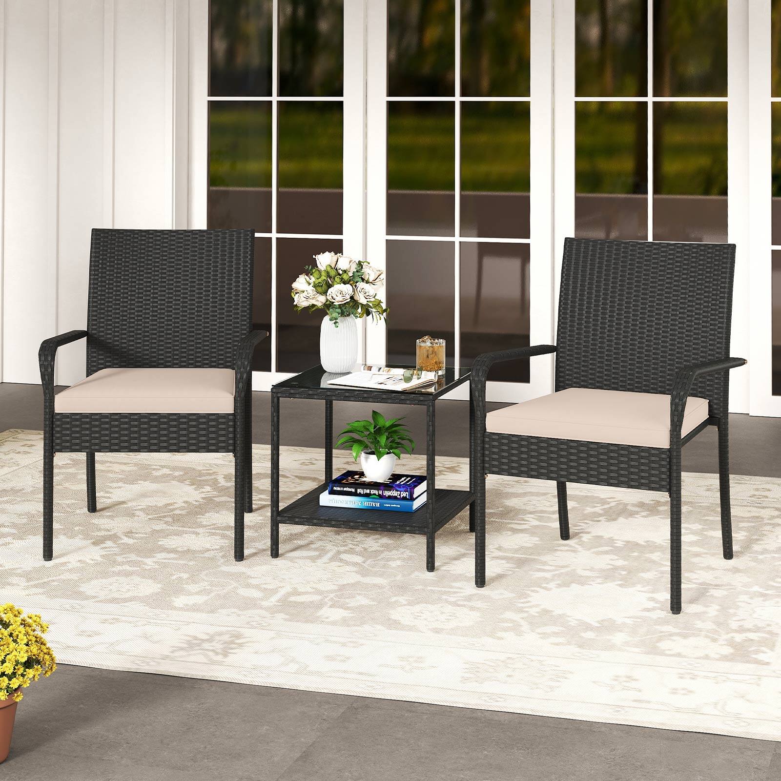 Alt View 3. Gymax - Gymax 3 Piece Patio Furniture Set Outdoor Wicker Chair & Table Set w/ Seat Cushions Beige - Beige.