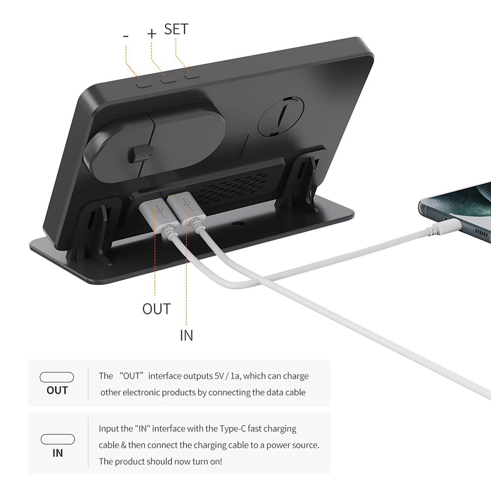 The "OUT" interface outputs 5V / 1A, which can charge other electronic products by connecting the data cable.

Input the "IN" interface with the Type-C fast charging cable & then connect the charging cable to a power source. The product should now turn on!