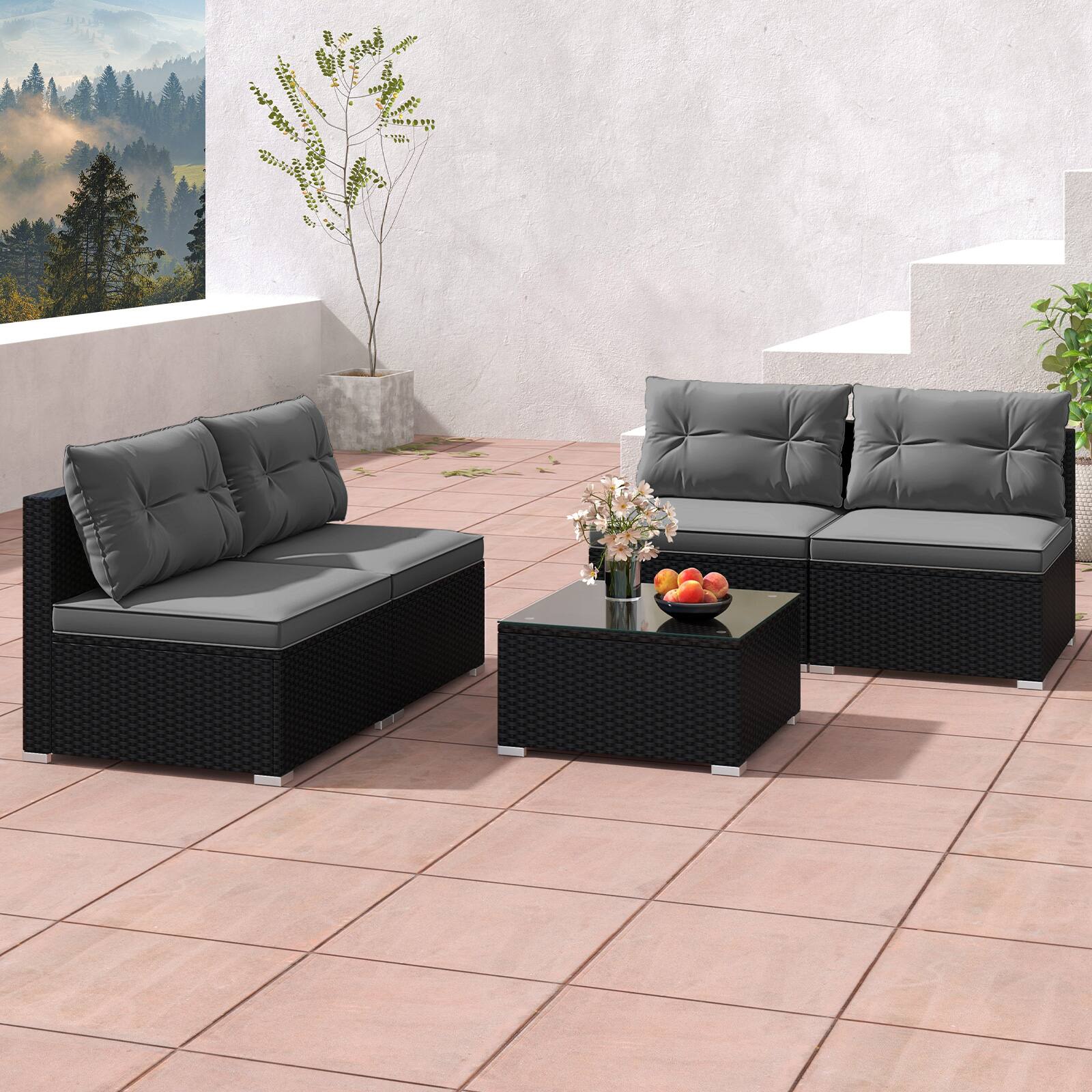 Alt View 4. Gymax - Gymax Set Of 5 Outdoor Furniture Set w/ Seat & Back Cushions Tempered Glass Tabletop - Gray, Black.