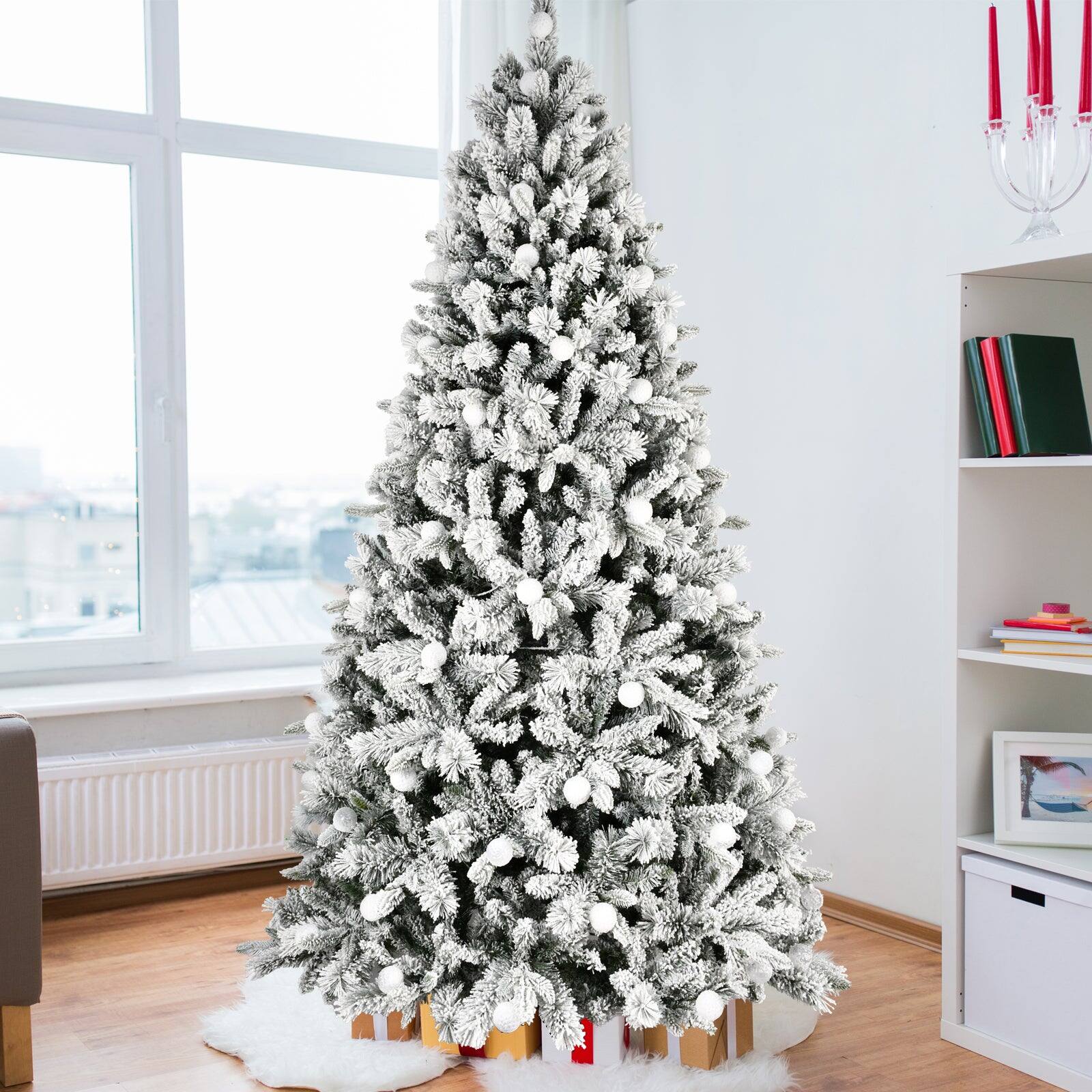 Alt View 7. BreeBe - 7.5ft Flocked Christmas Tree with 400L Colorful LED Lights  with G45 ball - White.
