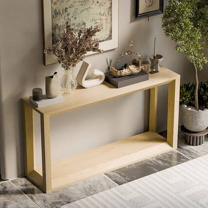 Front. Loheer - Loheer Console Table, 60 Inch Oak Wash Sofa Table with Open Shelf, Narrow Entryway Table Behind Couch for Living Room - Imitative Oak.