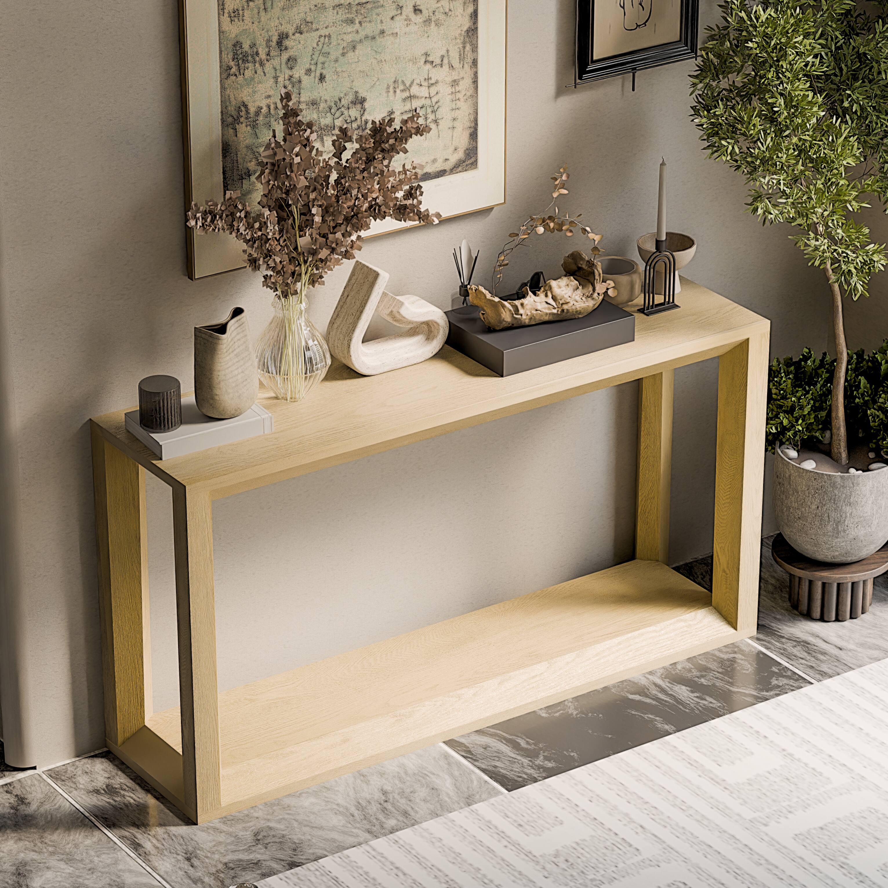Front. Loheer - Loheer Console Table, 60 Inch Oak Wash Sofa Table with Open Shelf, Narrow Entryway Table Behind Couch for Living Room - Imitative Oak.