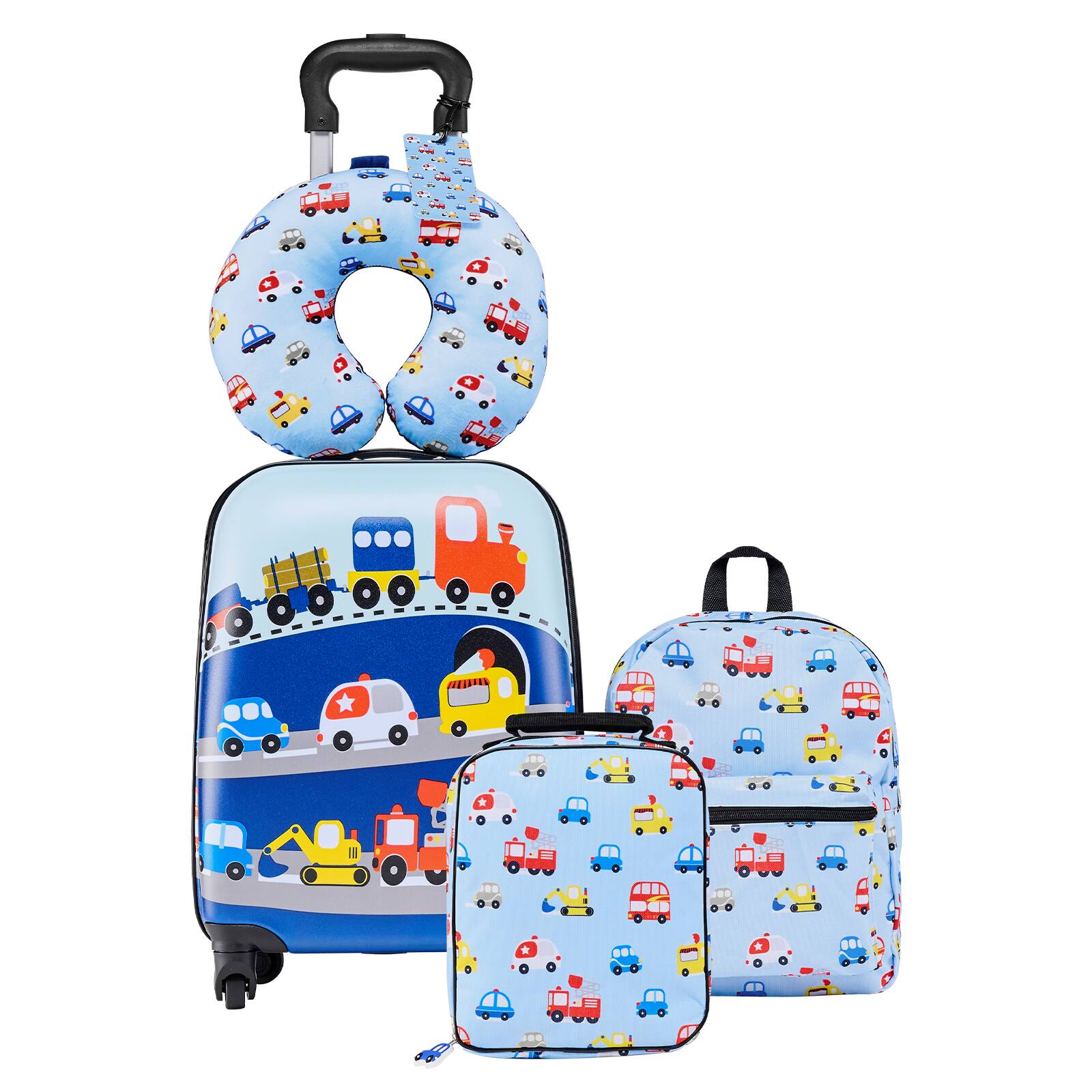 Front. VEVOR - Kids Luggage Set, 5 Piece, 18 Inch Hardside Rolling Wheels Suitcase with Backpack & U-shape Pillow, Truck Kids Carry - Blue.