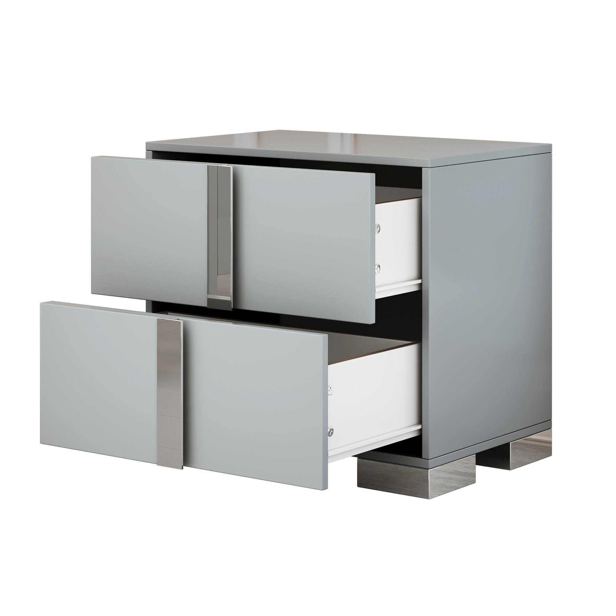 Spaco - 2 Drawers Elegant Nightstand with Metal Foot, Mirrored Bedside Table for Bedroom, Living Room - Gray
