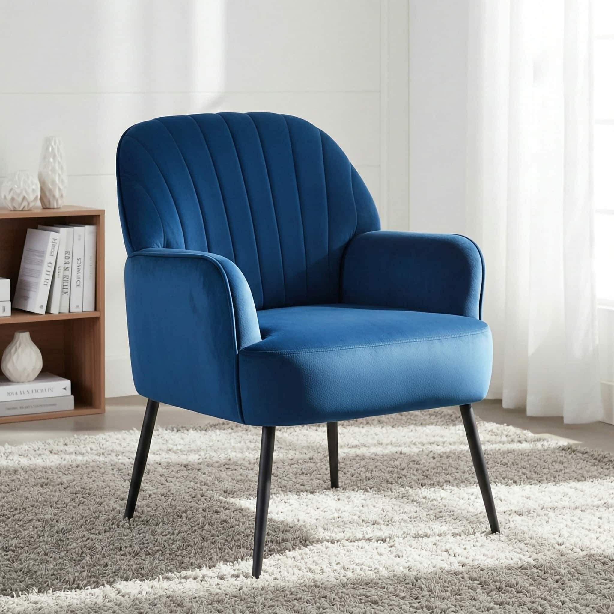 Forest'nSky - Velvet Accent Chair, Modern Upholstered Barrel Armchair with Metal Legs, Luxury Comfy Single Sofa - Blue
