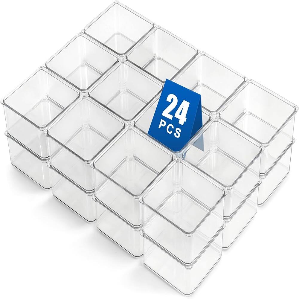 Front. RTMB - 24-Pack Small Clear Plastic Drawer Organizers, Stackable, 3.5"x3.5".