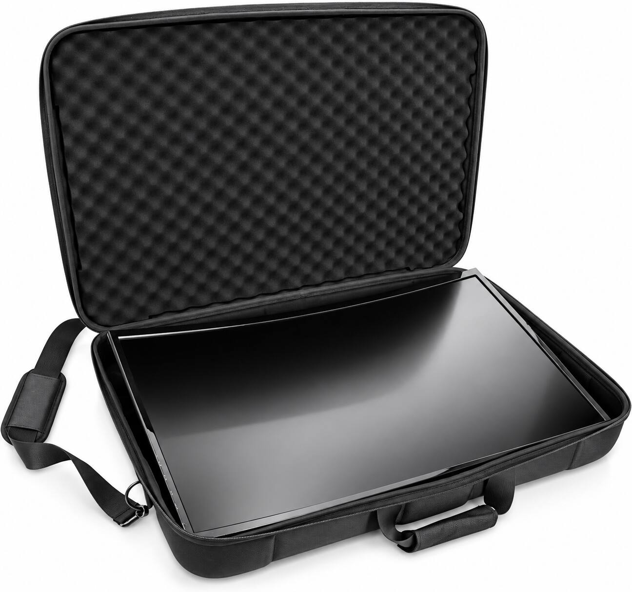 Front. CASEMATIX - Portable Monitor Case for 24"-29" Gaming Monitor, Laptop Screen, or TV – Hard EVA Shell, Foam Padding, Storage - Black.