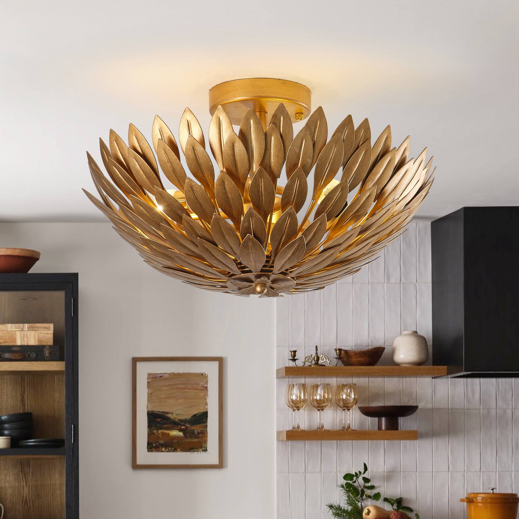 Back. Parrot Uncle - 16 Inch 3-Light Farmhouse Golden Semi-Flush Mount Ceiling Lighting - Gold.
