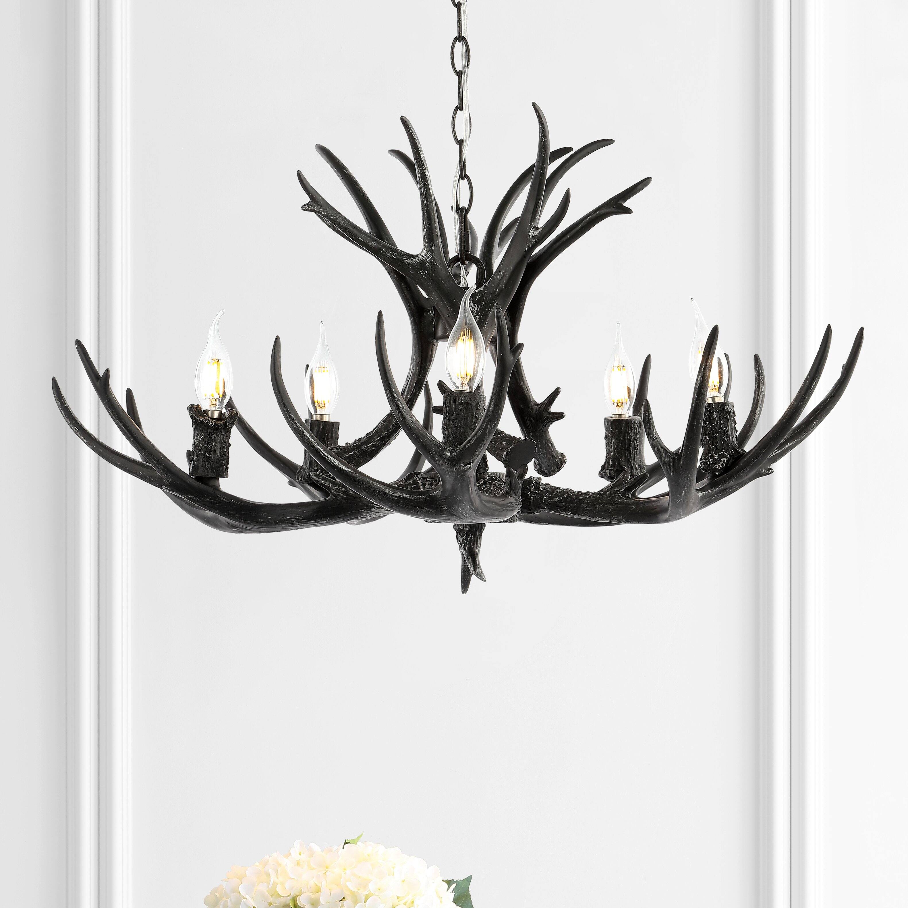 Alt View 1. Jonathan Y - Eldora 30" 5-Light Rustic Farmhouse Adjustable Resin Antler LED Chandelier, Black - Black.