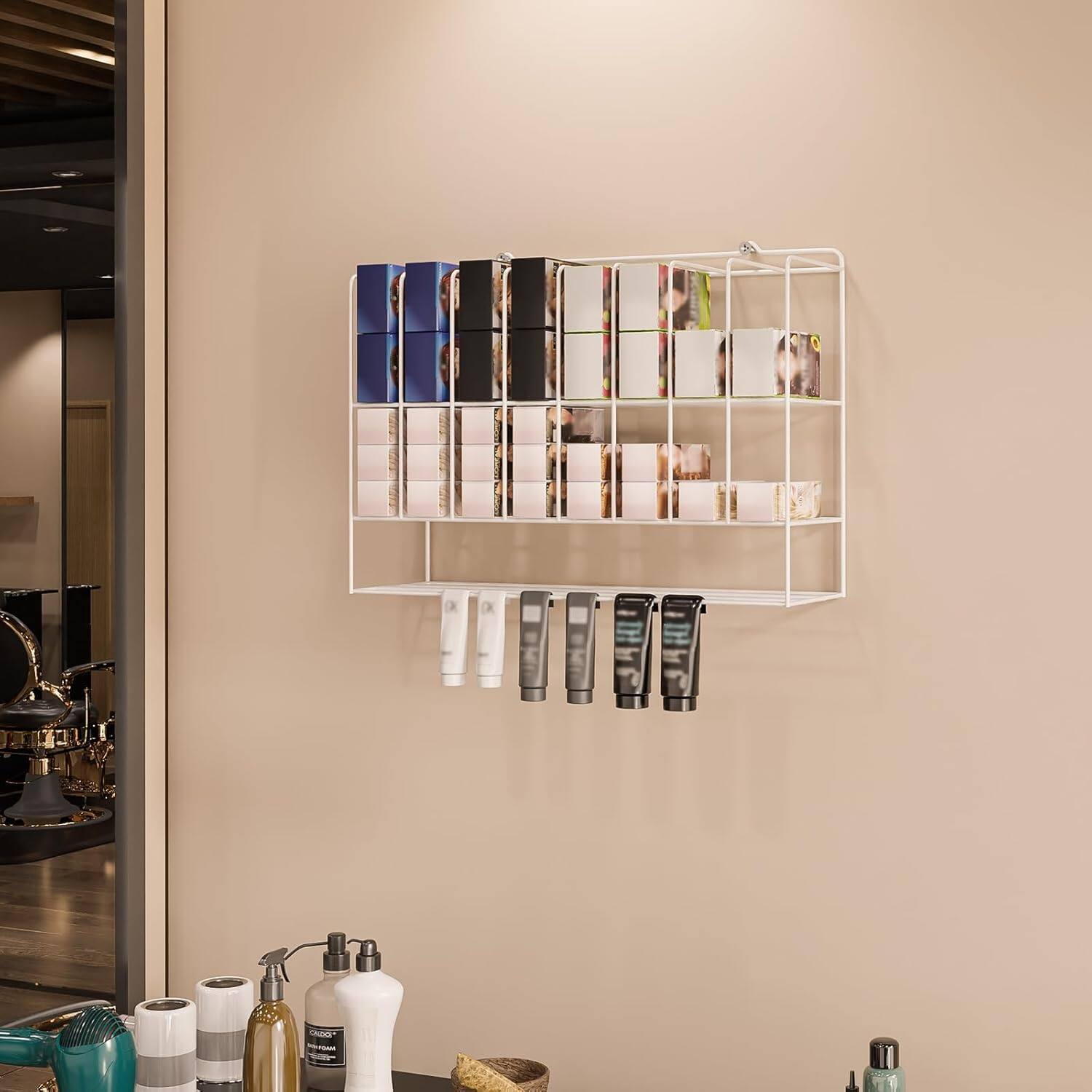 Alt View 2. Winado - Salon Hair Color Organizer Rack, 2 Tiers Hair Color Display Rack, Wall Mounted Hair Dye Tube Holder Metal Salon Storage - White.