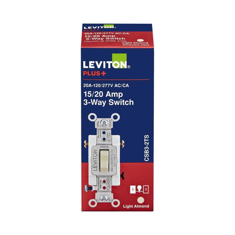 LEVITON PLUS+  
20A-120/277V AC/CA  
15/20 Amp 3-Way Switch  
Light Almond  
CSB3-2TS  
SPEC GRADE  
UL LISTED  
LEVITON  
Light Almond
