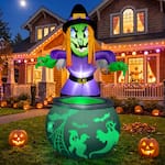 Joyfy - 6FT Halloween Inflatable Witch & Cauldron with LED Rotating Projection Light for Outdoor Yard Decor - White