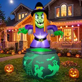 Joyfy - 6FT Halloween Inflatable Witch & Cauldron with LED Rotating Projection Light for Outdoor Yard Decor - White